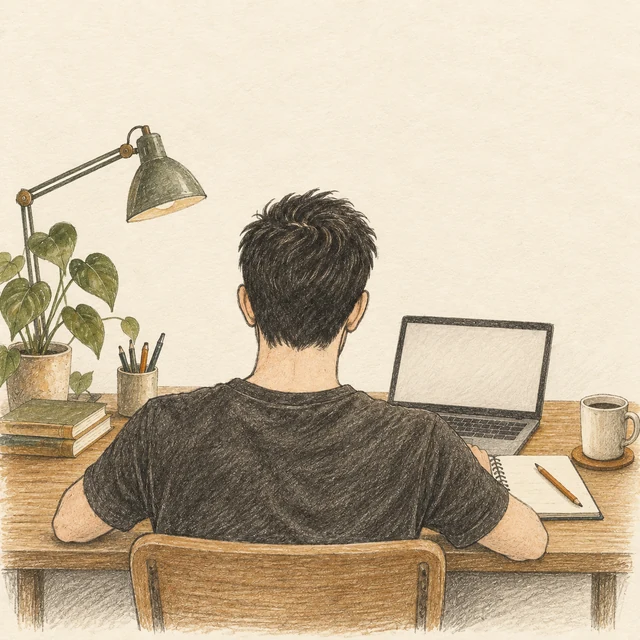 Watercolour and pencil illustration of a maker working at a desk, viewed from behind.