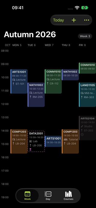 Weekly timetable with compact class blocks in dark appearance.