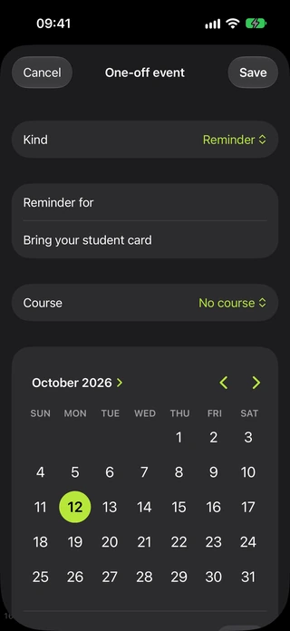 Named event editor showing the event title, date and time fields.