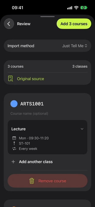 Import review with three fictional courses, editable class details and the Original source control.