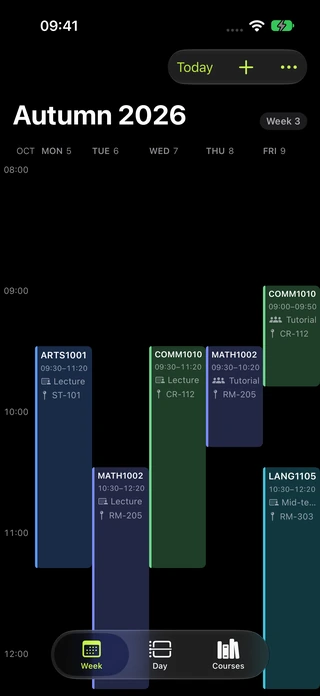 Weekly timetable with larger class blocks in dark appearance.