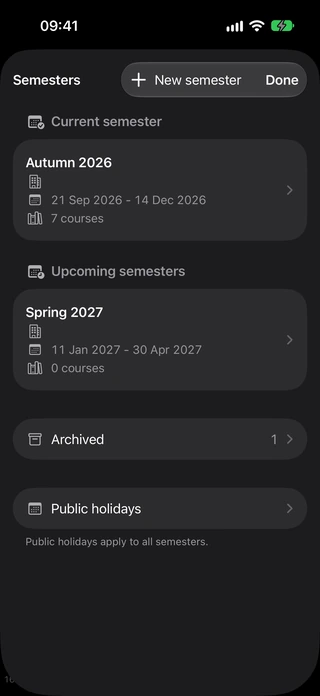 Semester settings listing retained terms and their dates.