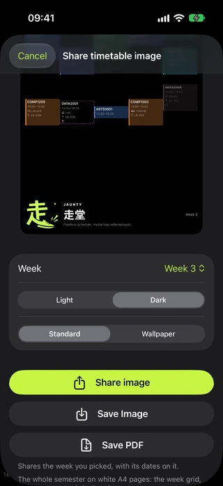 Timetable image export preview and its sharing options.