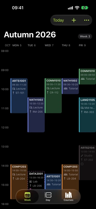 Jaunty weekly timetable with fictional course codes, class times and rooms in dark appearance.